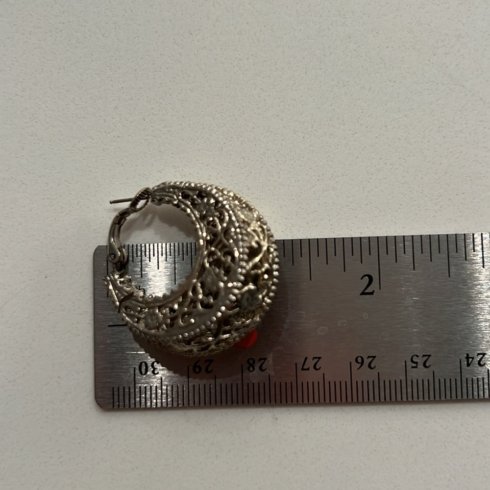 Silver-tone Crescent Filigree Earring with Beaded Texture- single earring - Picture 8 of 9